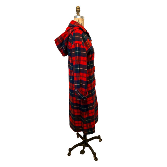 THE SYLVIA: Vintage 60s Pendleton Red Plaid Tartan Wool Hooded Duffle Coat - Picture 6 of 10